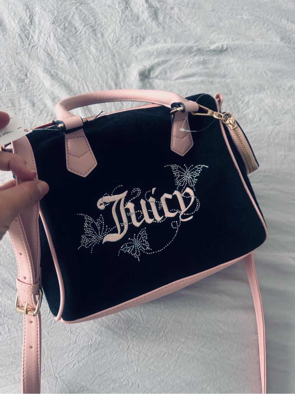Juicy Couture "Wingin It" Black and Light Pink Satchel with Sparkly Butterfly